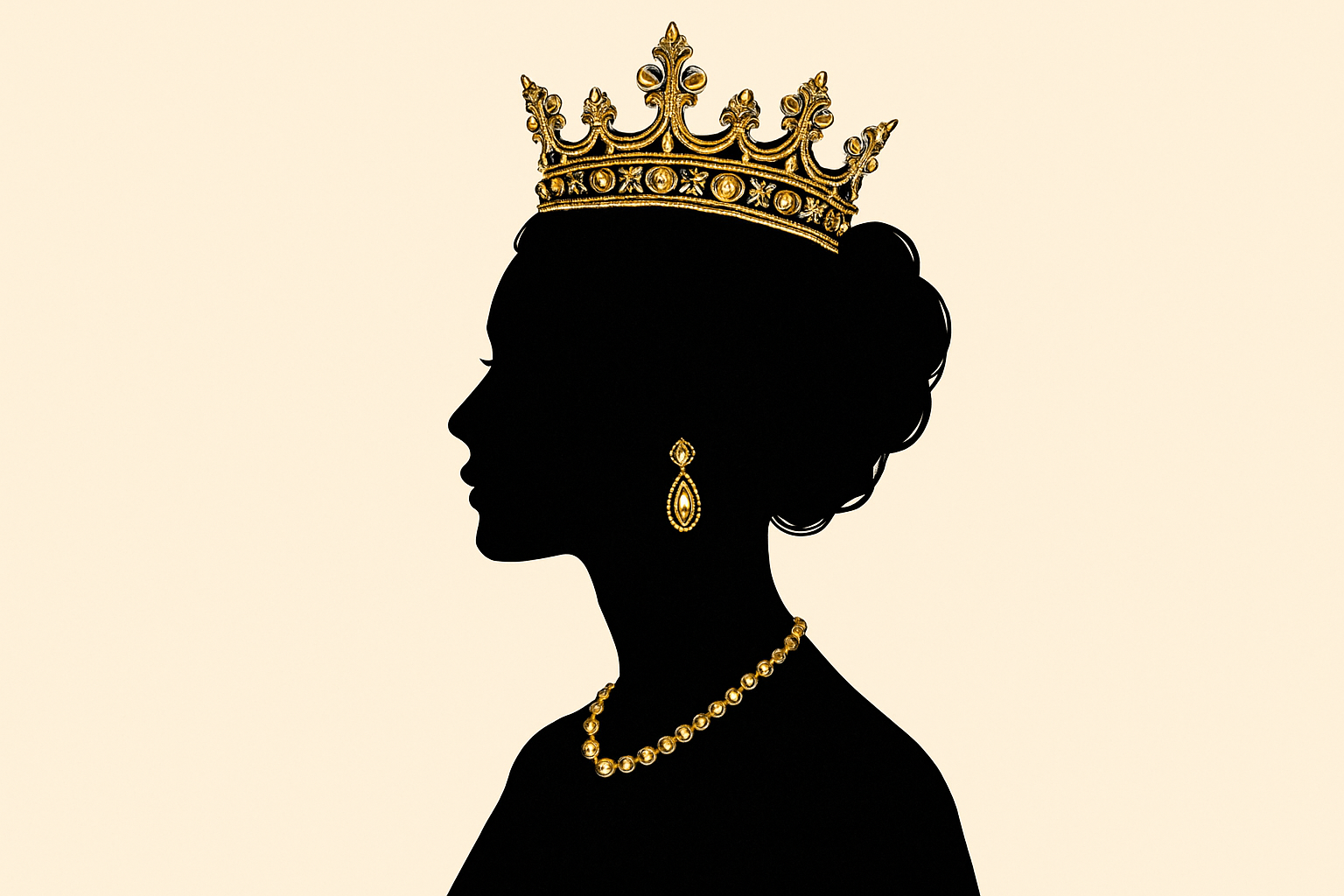Black queen silhouette with gold crown and jewelry facing left with background color being off-white / light beige shade.
	•	RGB: (248, 240, 225)
	•	HEX: #f8f0e1