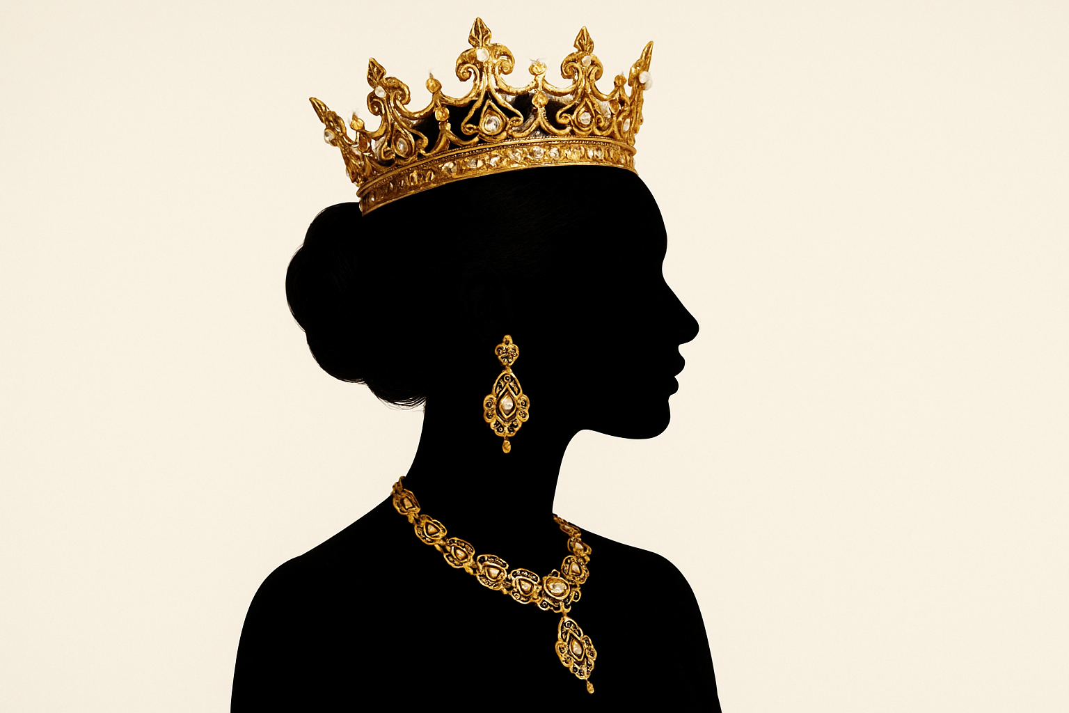 Black queen silhouette with gold crown and jewlery